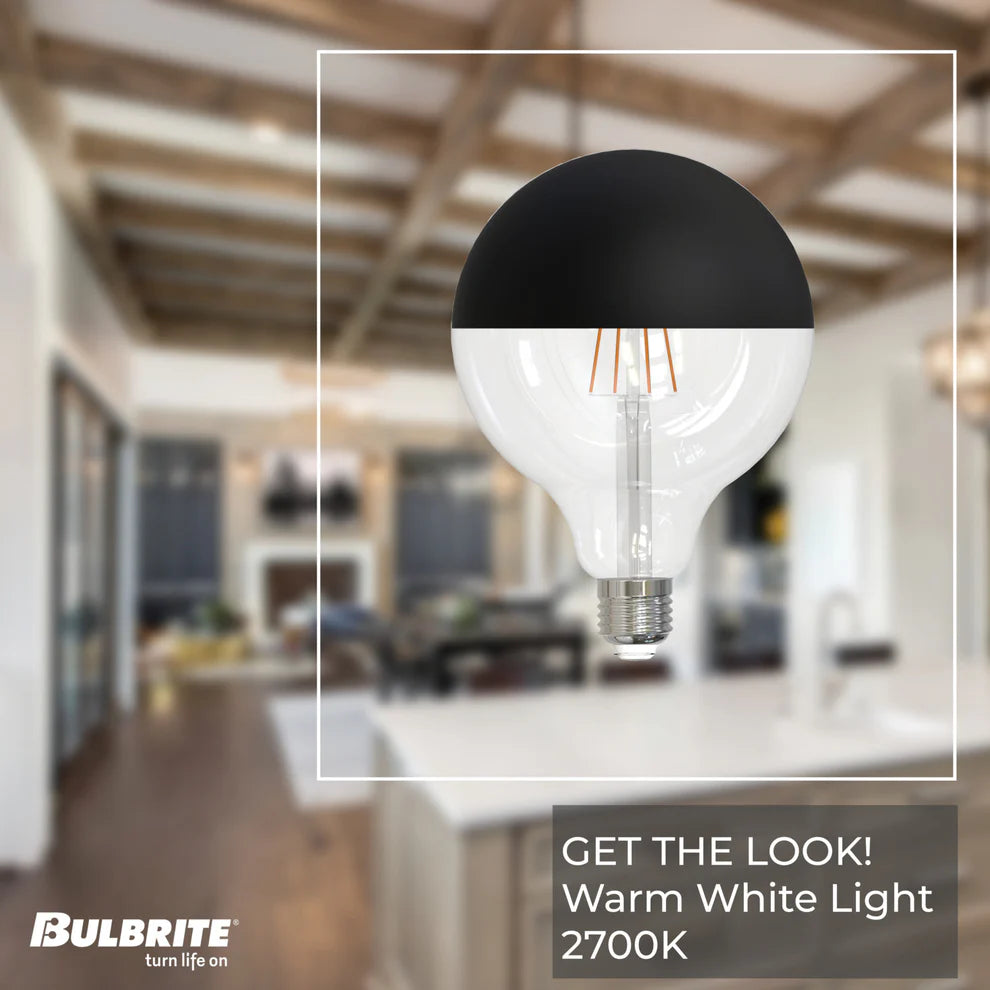 Bulbrite 776836, LED Filament 6 Watt Dimmable G40 Light Bulb with Half Black finish and Medium (E26) Base - 2700K Warm White Light, 500 Lumens