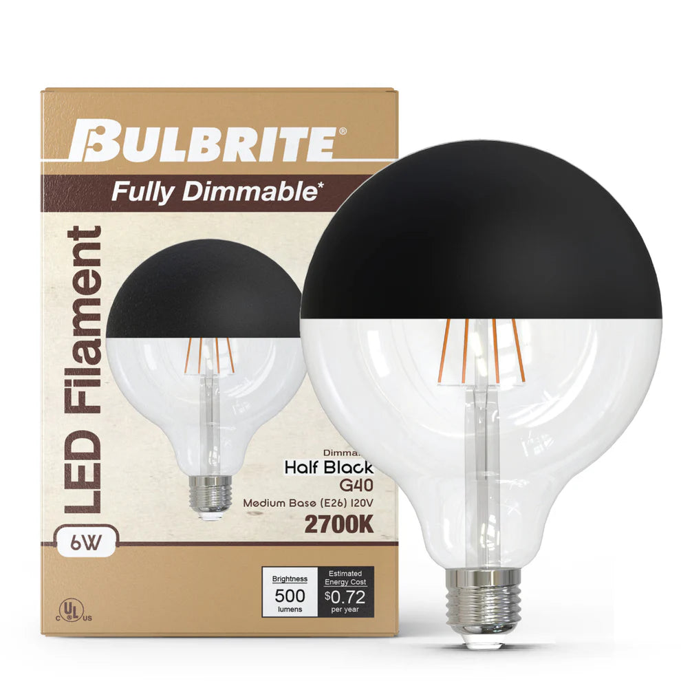 Bulbrite 776836, LED Filament 6 Watt Dimmable G40 Light Bulb with Half Black finish and Medium (E26) Base - 2700K Warm White Light, 500 Lumens