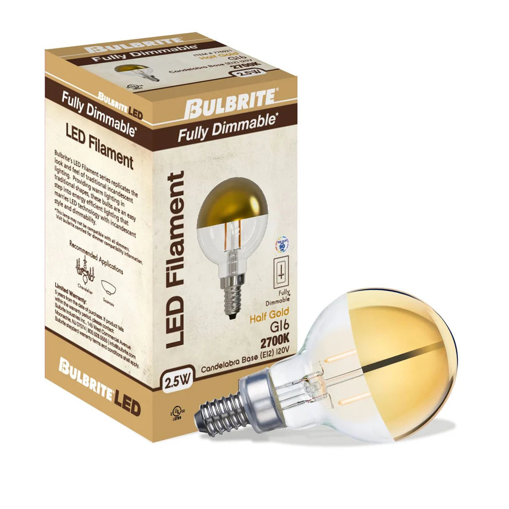 Bulbrite 776921, LED Filament 2.5 Watt Dimmable G16 Light Bulb with Half Gold Glass Finish and Candelabra (E12) Base - 2700K (Warm White Light), 200 Lumens