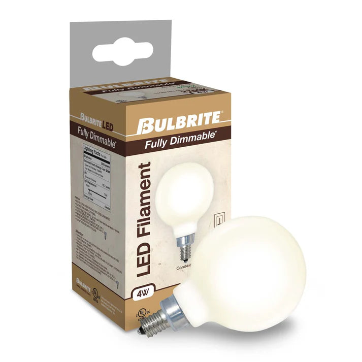 Bulbrite 776943, LED Filament 4 Watt Dimmable Globe G16 Light Bulb with Milky finish and Candelabra (E12) Base - 2700K Warm White Light, 300 Lumens
