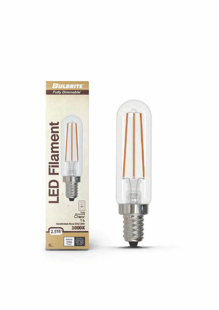 Bulbrite 776952, LED Filament 2.5 Watt Dimmable Tubular T6 Light Bulb with Clear finish and Candelabra (E12) Base - 3000K Soft White Light, 250 Lumens