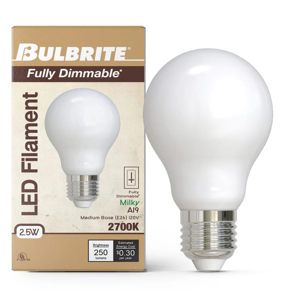Bulbrite 776953, LED Filament 2.5 Watt Dimmable A19 Light Bulb with Milky finish and Medium (E26) Base - 2700K Warm White Light, 250 Lumens
