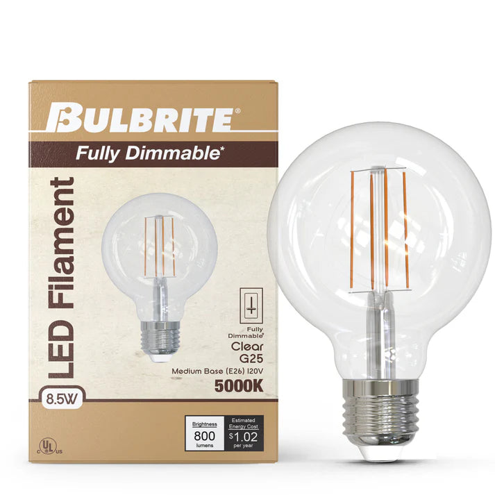 Bulbrite 776979, LED Filament 8.5 Watt Dimmable G25 Light Bulb with Clear finish and Medium (E26) Base - 5000K Soft Daylight, 800 Lumens