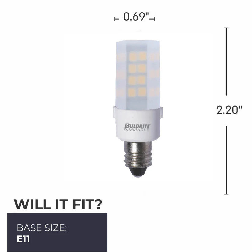 Bulbrite 770593, 4.5 Watt Dimmable Frost Mini T4 Mini-Candelabra (E11) Tubular LED Bulb - 340 Lumens, 2700K, and 80 CRI