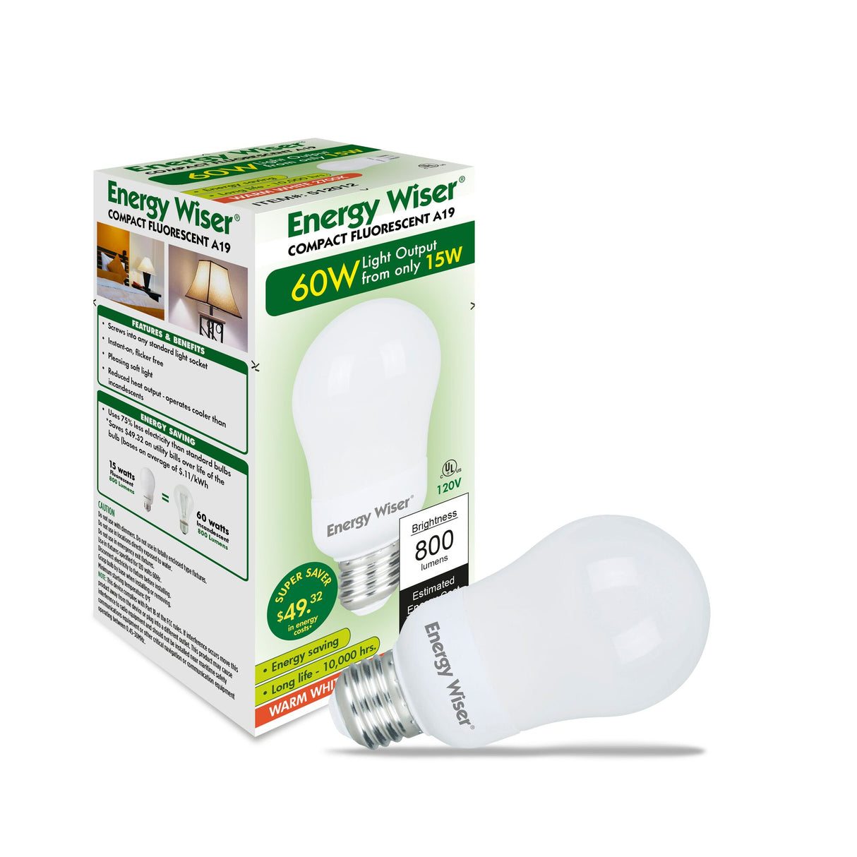 Bulbrite Energy Wiser CFL 15 Watt A19 Light Bulbs with Medium (E26) Screw Base, 2700K (Warm White Light)