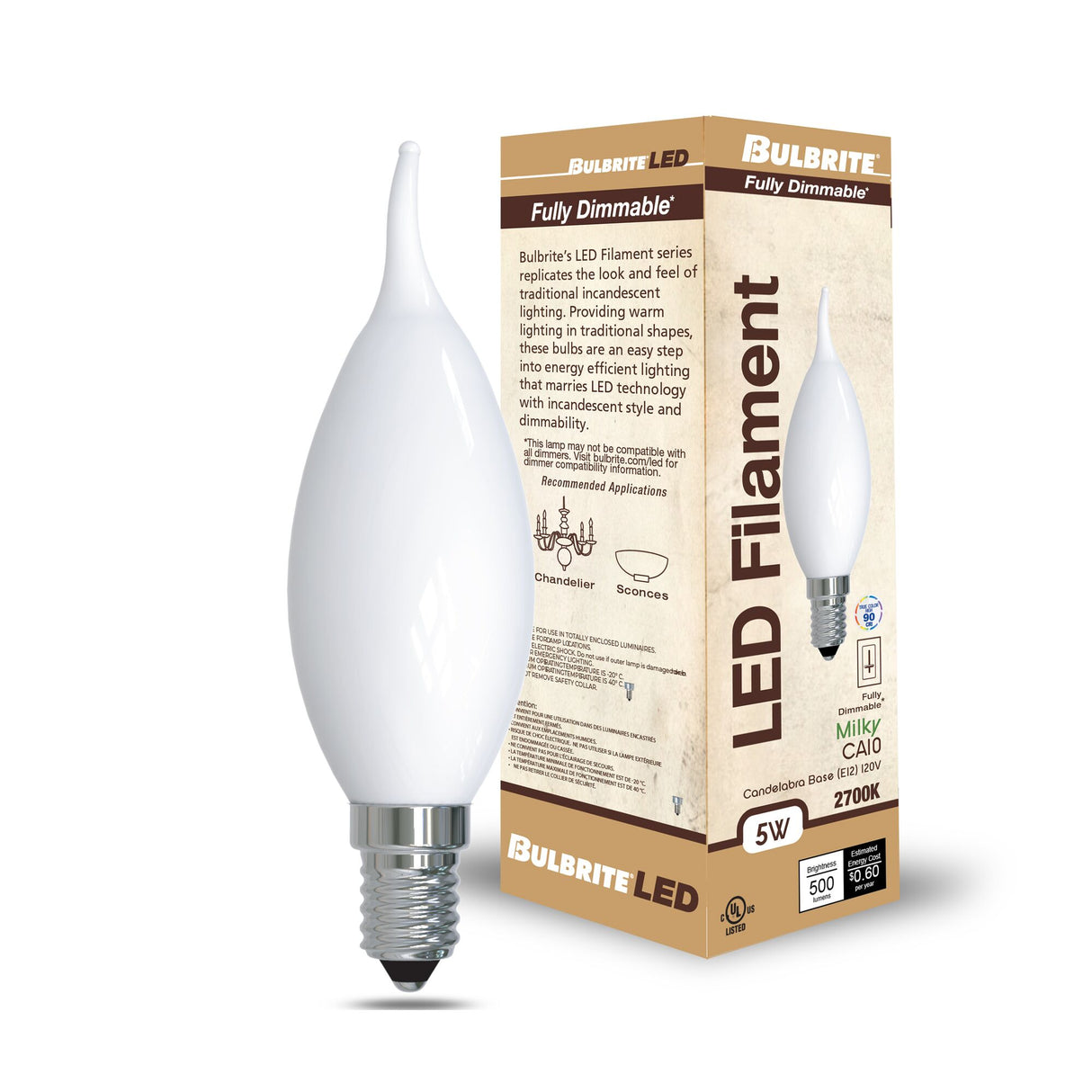 Bulbrite 5 Watt Dimmable CA10 LED Light Bulbs with Milky Glass Finish and Candelabra (E12) Base, 2700K Warm White Light, 500 Lumens