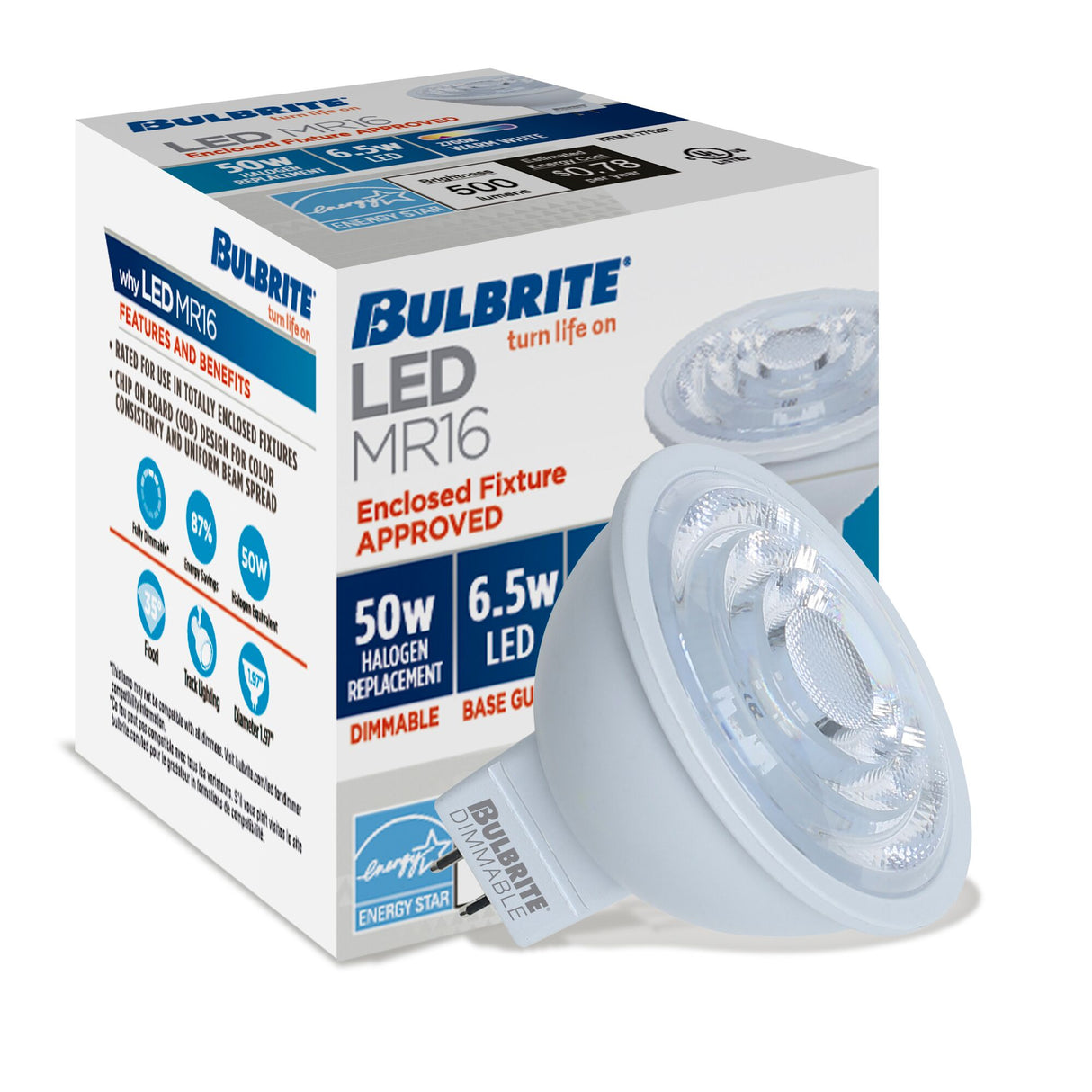 Bulbrite 6.5 Watt Dimmable Flood MR16 Bi-Pin (GU5.3) LED Light Bulb - 2700K (Warn White Light), 500 Lumens