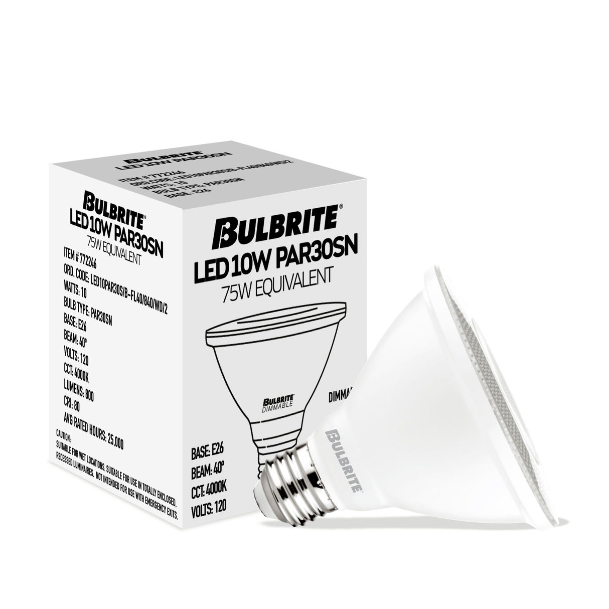 Bulbrite 10 Watt Dimmable Flood PAR30 Short Neck Medium (E26) LED Light Bulb - 4000K (Cool White Light), 800 Lumens