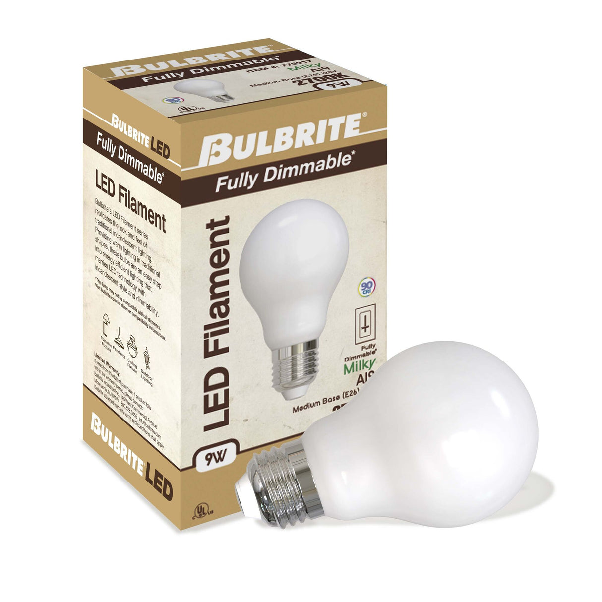 Bulbrite LED Filament 9 Watt Dimmable A19 Light Bulb with Milky Glass Finish and Medium (E26) Base - 2700K (Warm White Light), 1100 Lumens