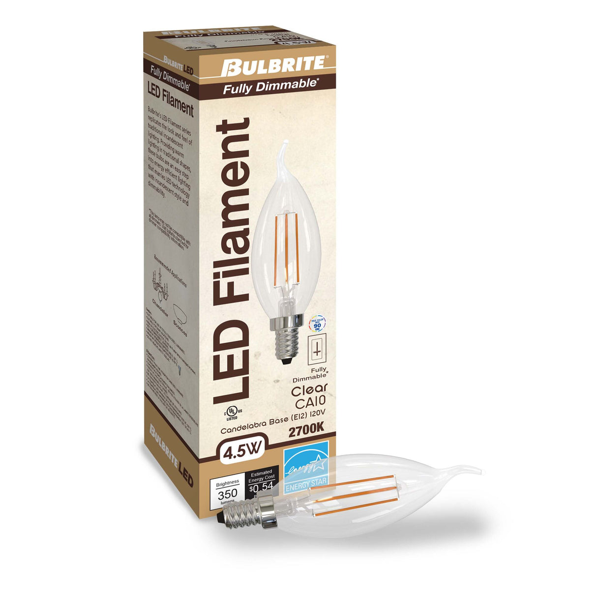 Bulbrite 776859, 4.5 Watt Dimmable Clear Filament CA10 Candelabra (E12) LED Bulb - 350 Lumens, 2700K, and 90 CRI