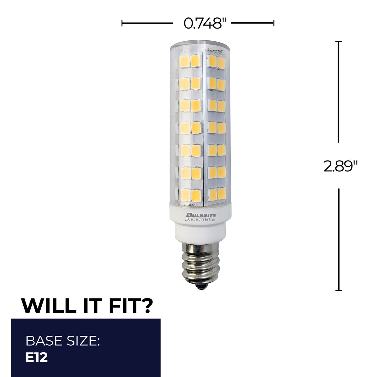 Bulbrite 6.5 Watt 120V Dimmable Clear T6 LED Mini Light Bulbs with Candelabra (E12) Base, 2700K Warm White Light, 700 Lumens