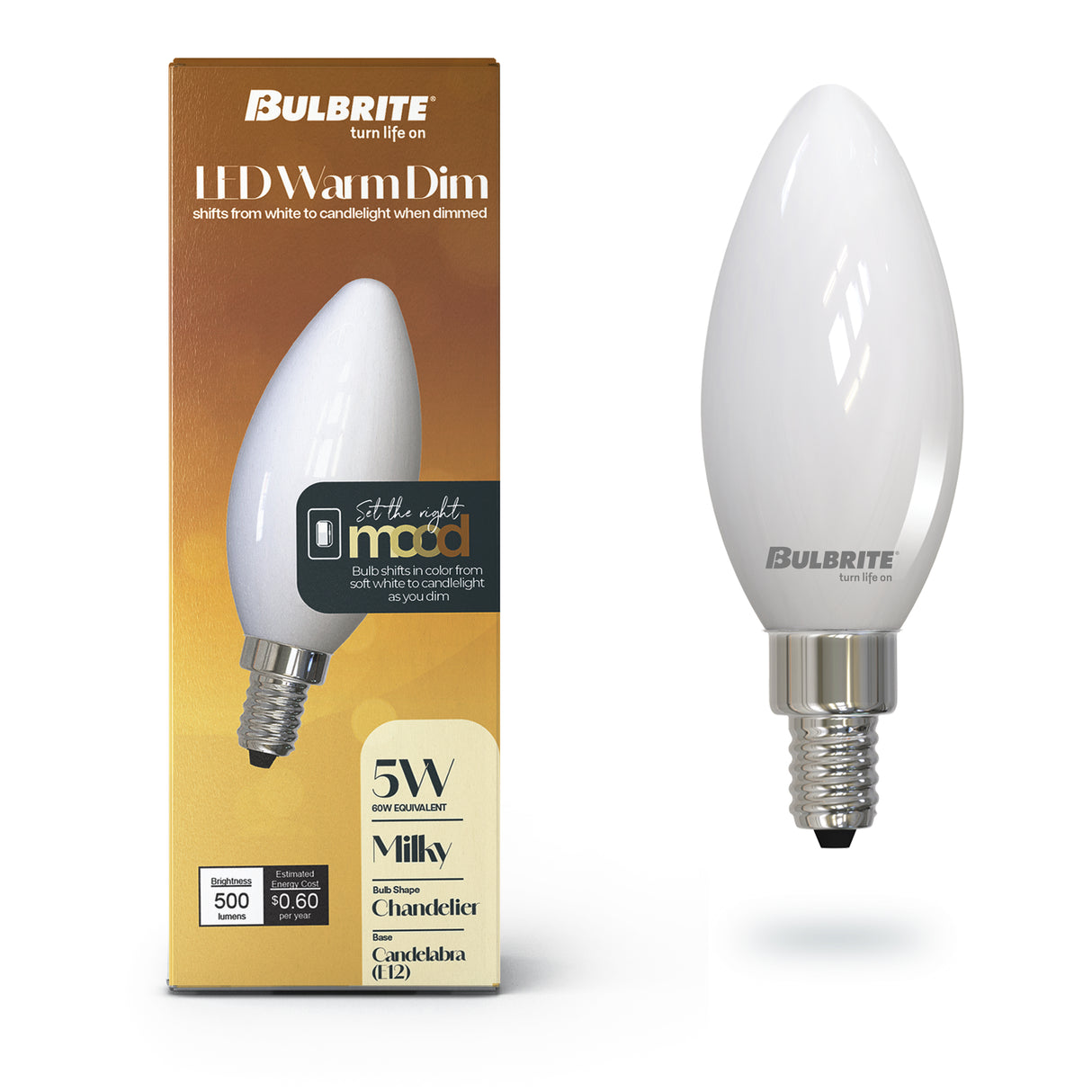 Bulbrite 5 Watt LED B11 Light Bulb, Warm Dimming 3000K (Soft White) - 1800K (Candlelight), 500 Lumens