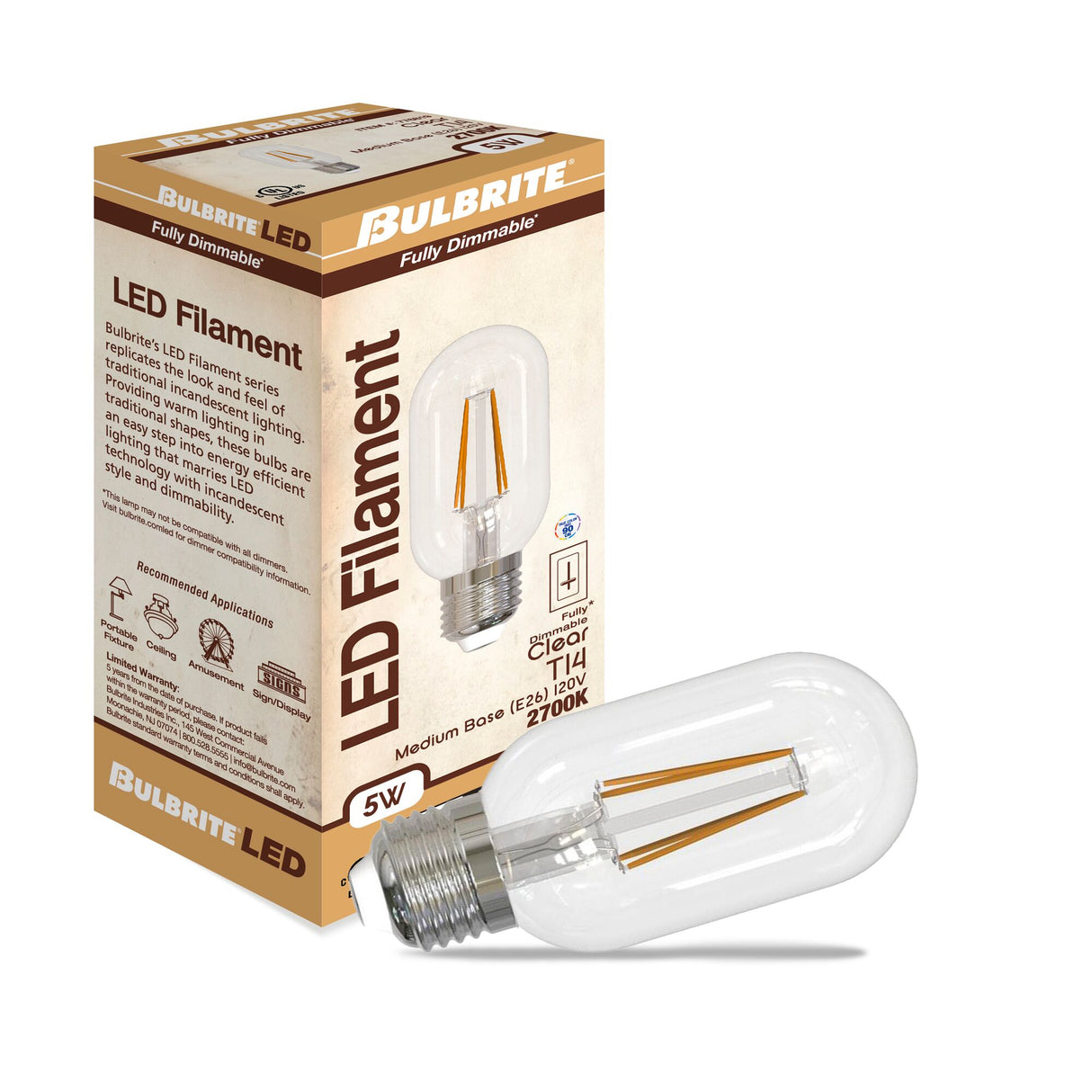 Bulbrite LED Filaments T14 Light Bulb with E26 base, Clear, 3000K, 450 Lumens