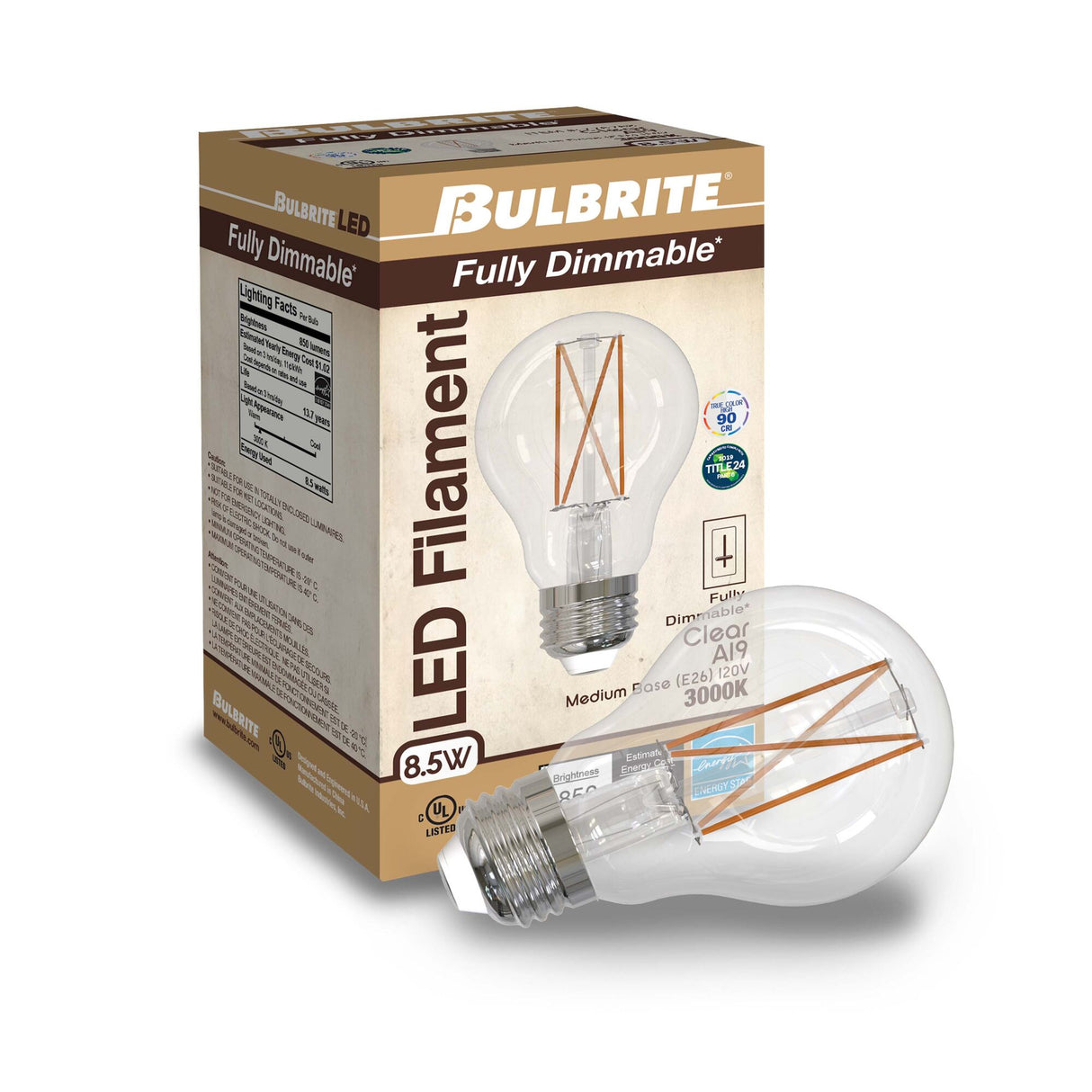 Bulbrite 8.5 Watt Dimmable Clear Filament A19 Medium (E26) LED Light Bulb - 800 Lumens, 3000K, and 90 CRI