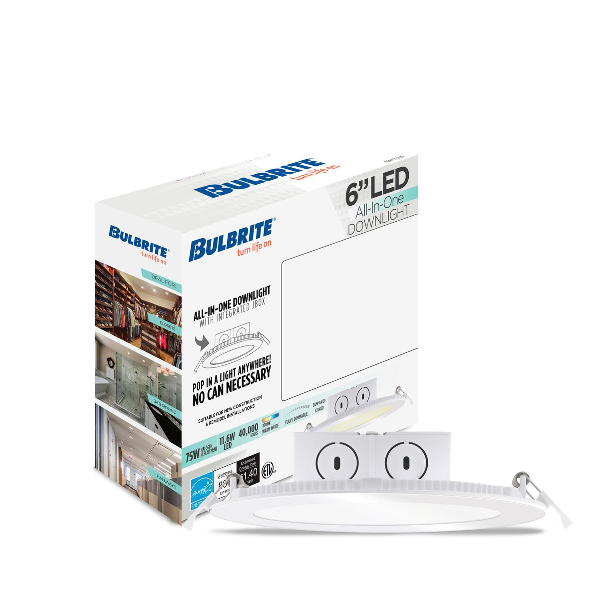 Bulbrite 6-Inch All-In-One LED Downlights with Integrated JBOX, 65 Watt Equivalent, 2700K (Warm White Light)