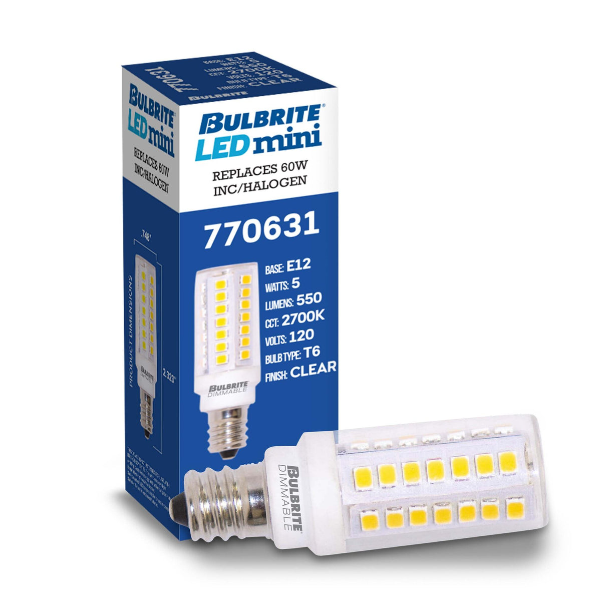 Bulbrite 5-Watt T6 LED Light Bulb, Dimmable (550 Lumen, 2700K Warm White, 25000hrs) E12 Base