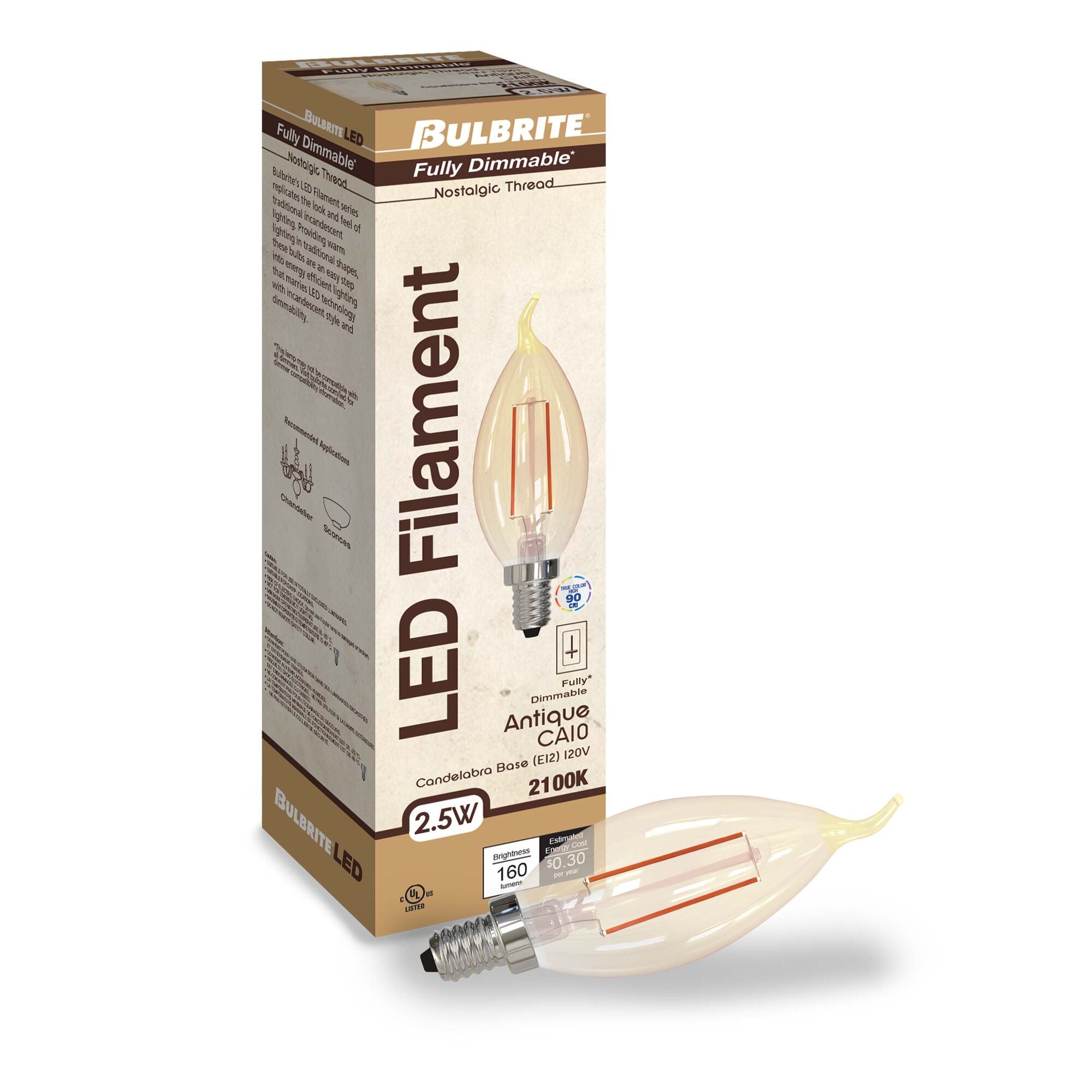 Bulbrite 776903, LED Filament CA10 Nostalgic Thread Edison
