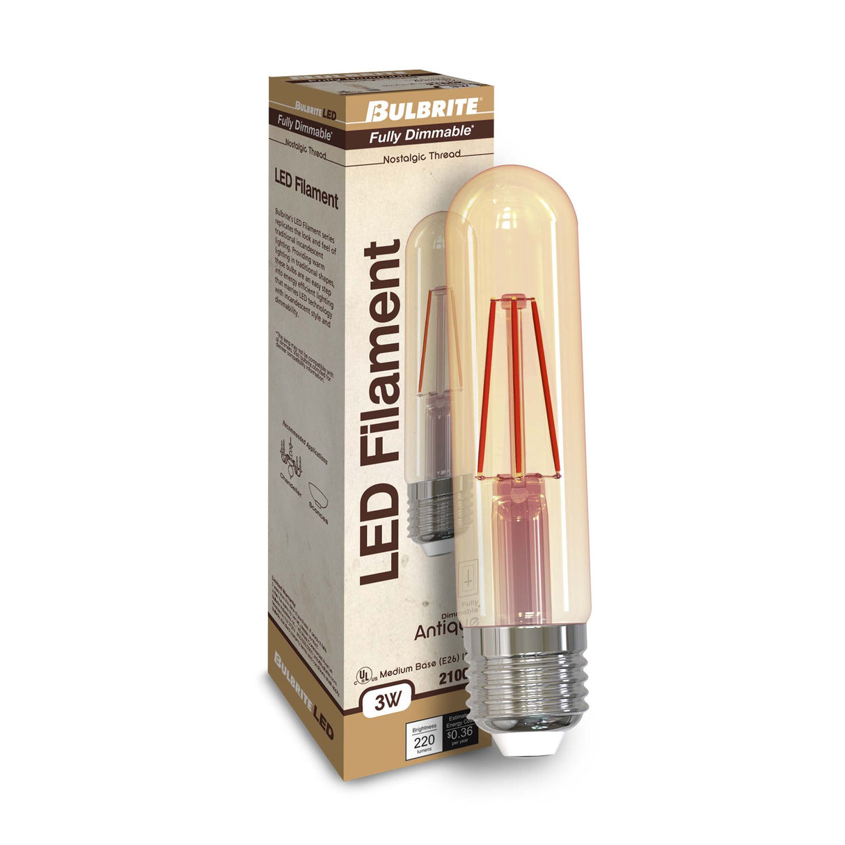 Bulbrite LED Filament T9 Nostalgic Thread Edison Light Bulb, 25 Watt Equivalent, Antique Finish