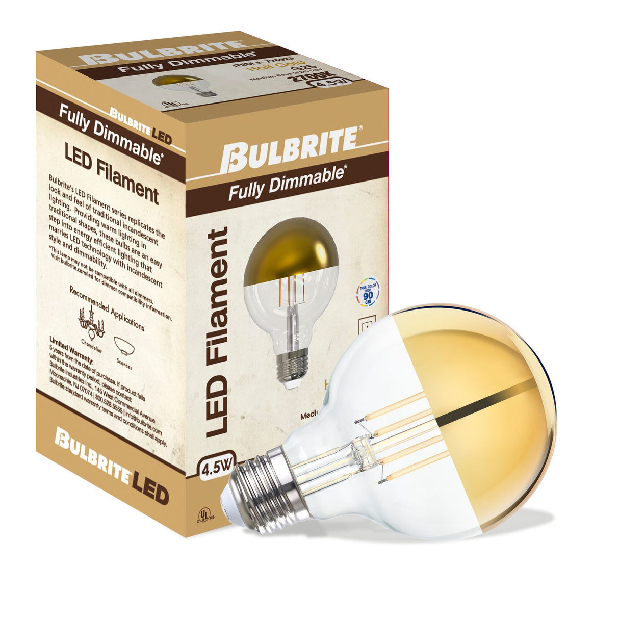 Bulbrite LED Filament 4.5 Watt Dimmable G25 Light Bulb with Half Gold Glass Finish and Medium (E26) Base - 2700K (Warm White Light), 350 Lumens