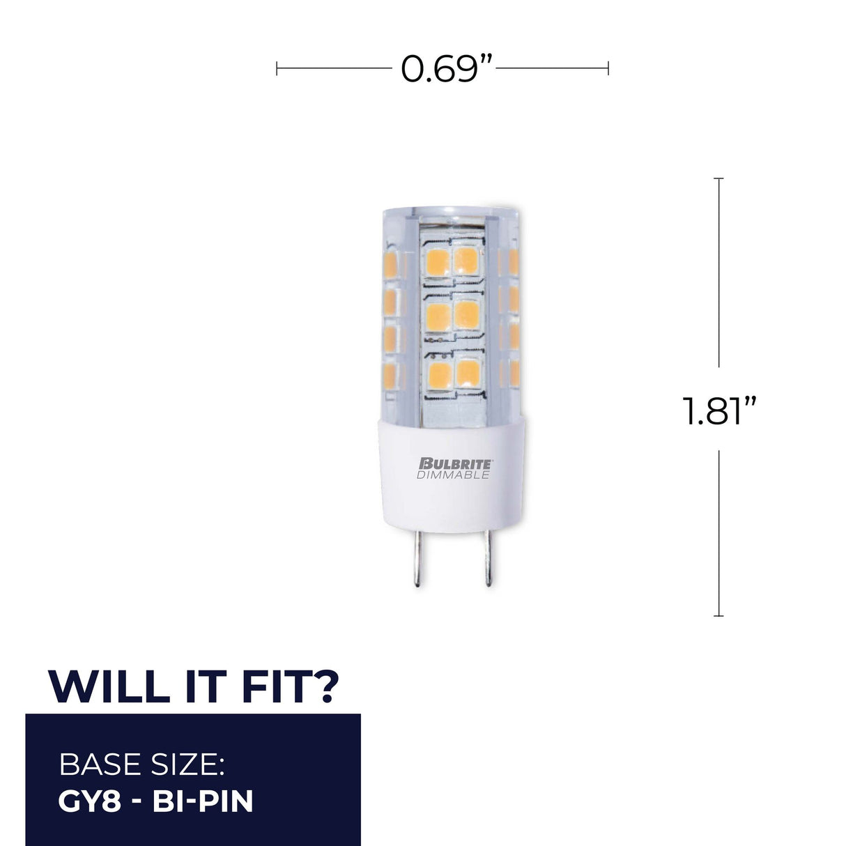 Bulbrite LED Mini T4 Dimmable Bi-Pin Base (GY8) Light Bulb 40 Watt Equivalent 2700K, Clear