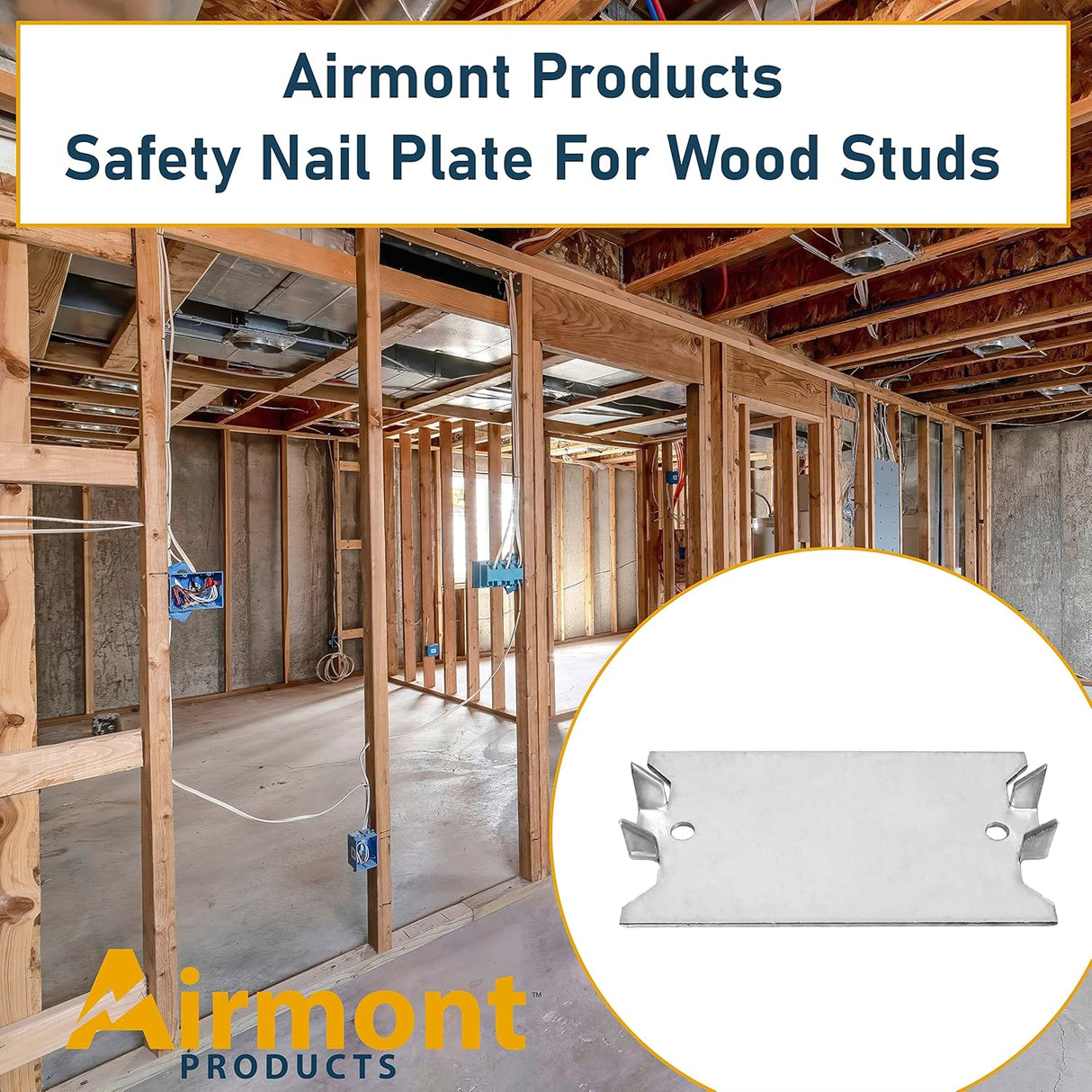 (200 Pack) Airmont Products AP-12061, Safety Nail Plate for Wood Studs 16-Gauge Steel, 1.5 x 2.5 Inch, Protect Plumbing and Wiring, Sharp Pointed Prongs, Anti-Nail Protection Plate Shield, Made in USA