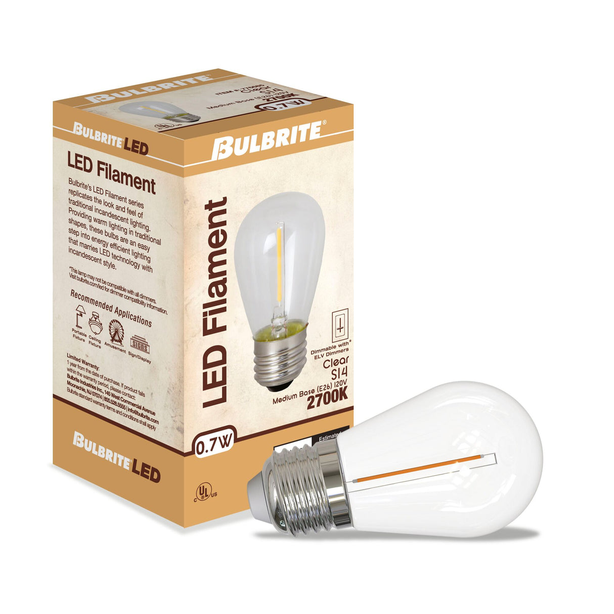 Bulbrite LED Filament 1 Watt Dimmable S14 Light Bulbs with Clear Plastic Finish and Medium (E26) Base - 2700K (Warm White Light), 70 Lumens