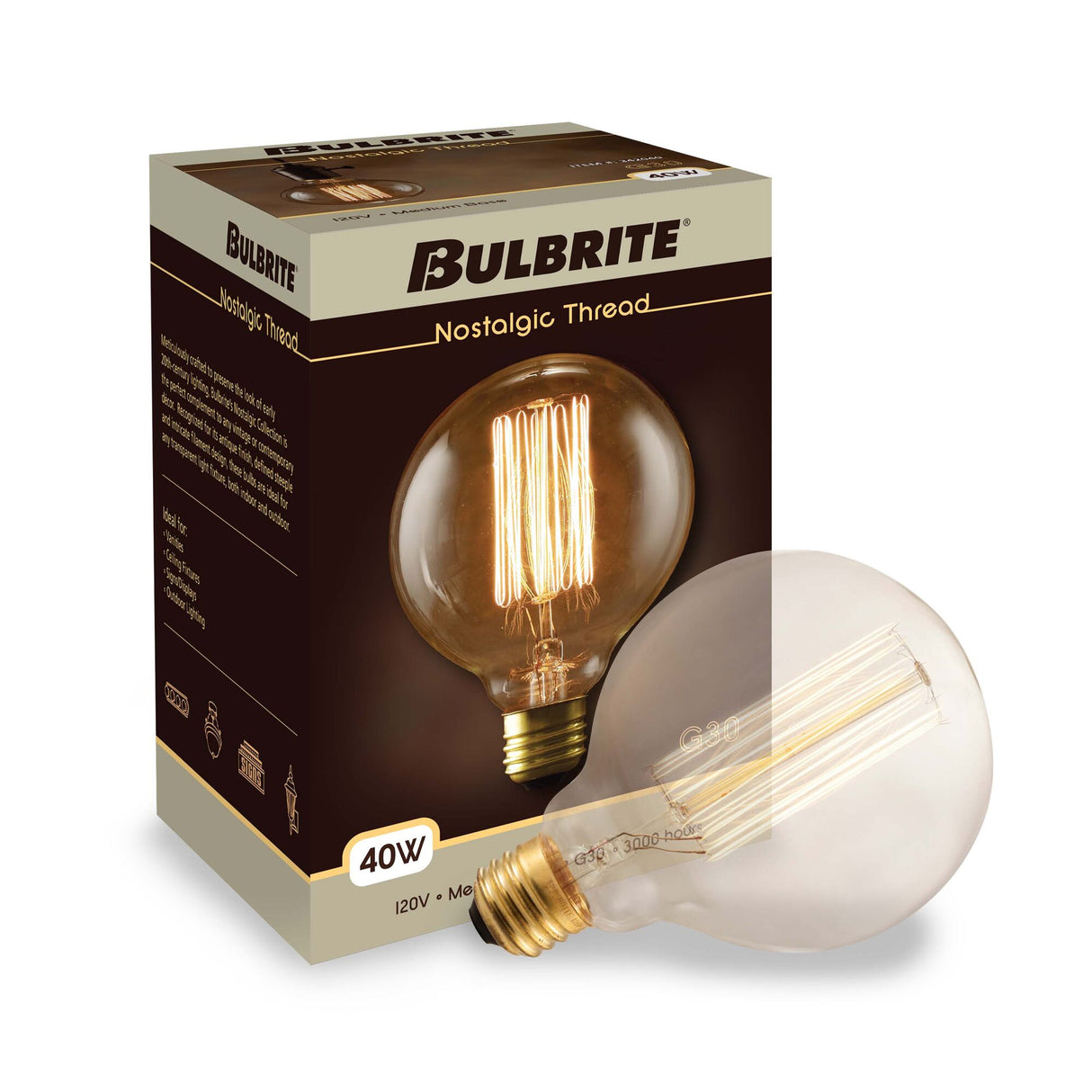 Bulbrite Nostalgic Collection Dimmable 40 Watt G30 Incandescent Light Bulbs with Antique Glass Finish and Medium (E26) Screw Base, 2200K (Amber Light)