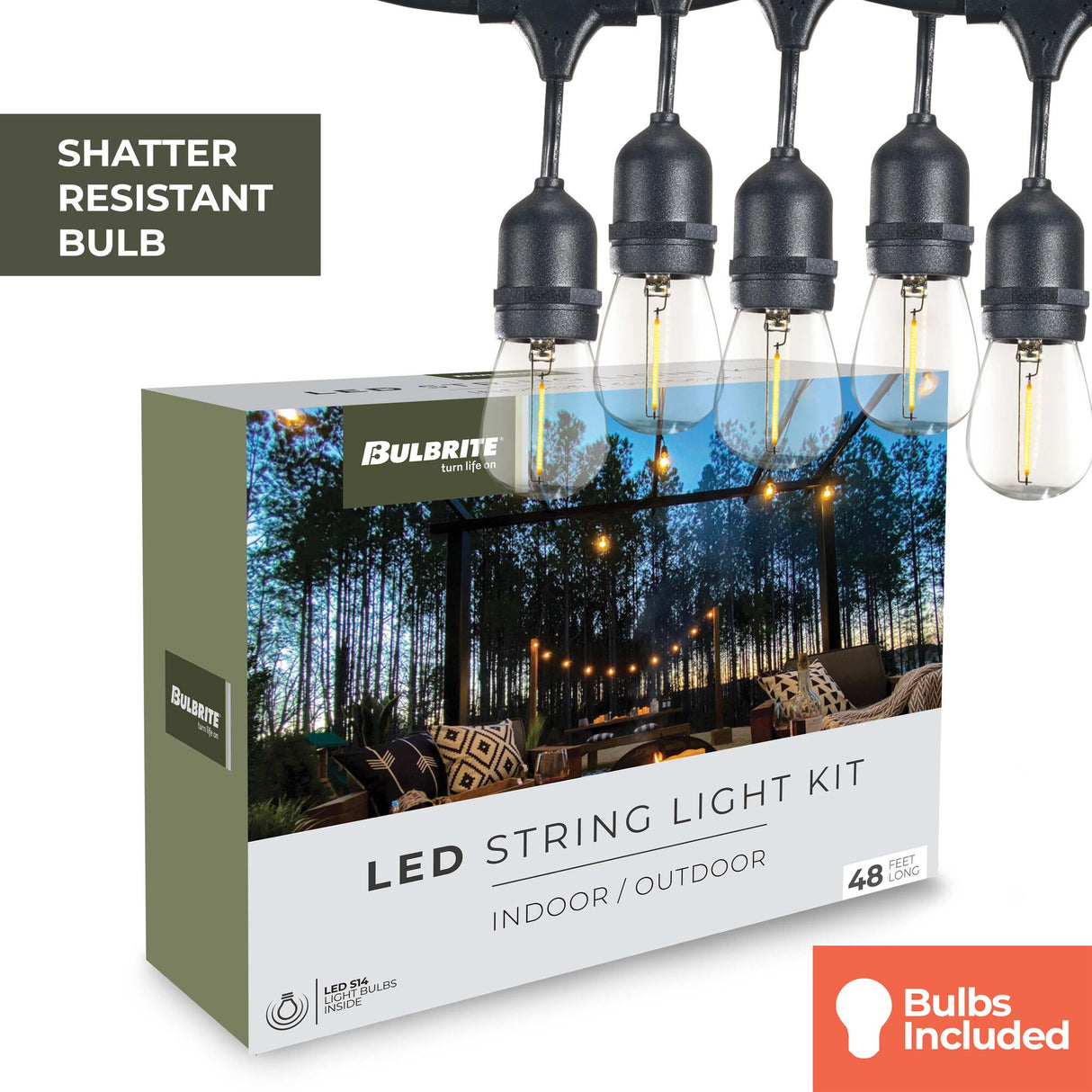 Bulbrite 48-foot String Light Kit with Clear Shatter Resistant Vintage Style S14 LED Light Bulbs