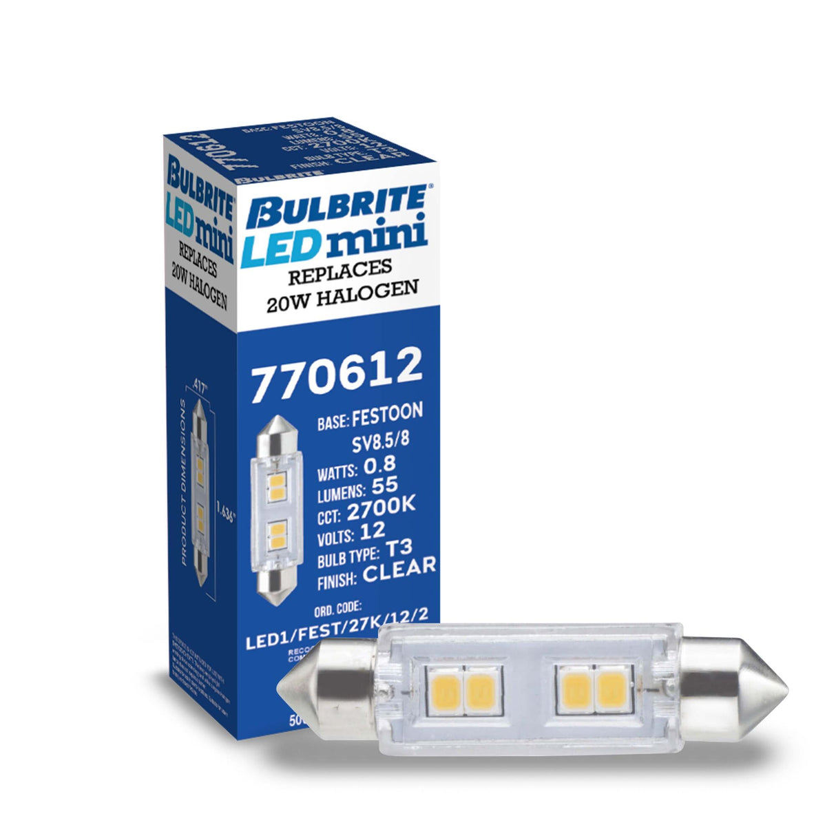 Bulbrite LED Mini T3 Non-Dimmable Festoon Base 12V Light Bulb 20 Watt Equivalent 2700K, Clear