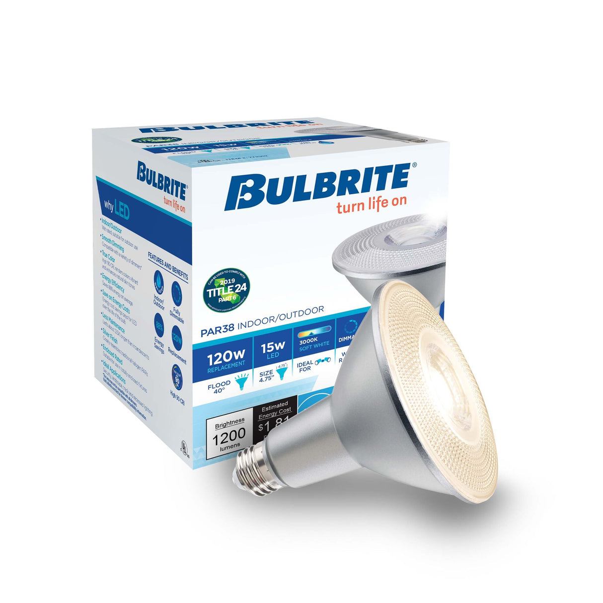 Bulbrite 15 Watt Dimmable Flood PAR38 Medium (E26) LED Bulb - 1200 Lumens, 3000K, and 90 CRI