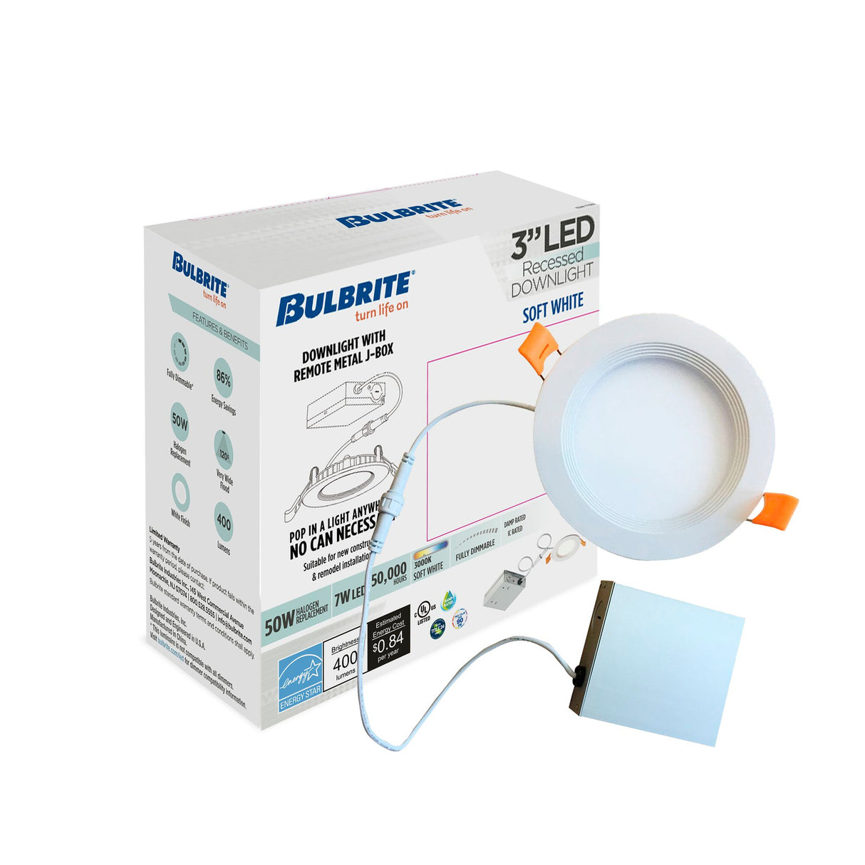 Bulbrite LED 3" Round Recessed Downlight Fixture with Metal Jbox & Baffle, 50W Equivalent, 3000K/Soft White, White Finish