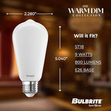 Bulbrite 9 Watt LED ST18 Light Bulb, Warm Dimming 3000K (Soft White) - 1800K (Candlelight), 800 Lumens